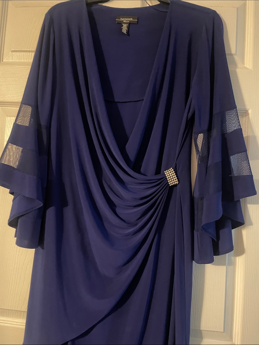 Alex Evenings Royal Blue Draped Evening Gown with Embellished Brooch